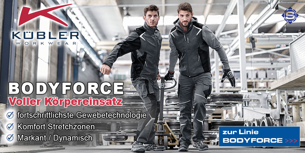 Die neue Arbeitskleidung von KÜBLER BODYFORCE mit Stretch Zonen, Arbeitshosen, Arbeitsjacken und warme Winter Jacken aus innovativen Materialmix