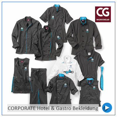 Wir statten die Gastonomie & Hotellerie Arbeitsbereich übergreifend mit hochwertiger, auf 95 Grad waschbarer Berufsbekleidung aus.