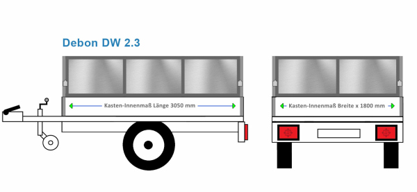 Debon Anhängeraufbau DW 2.3, 3050 x 1800 Bordwanderhöhung 60 cm BLECH verzinkt